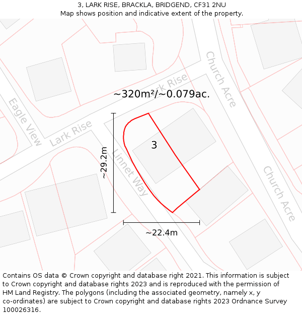 3, LARK RISE, BRACKLA, BRIDGEND, CF31 2NU: Plot and title map