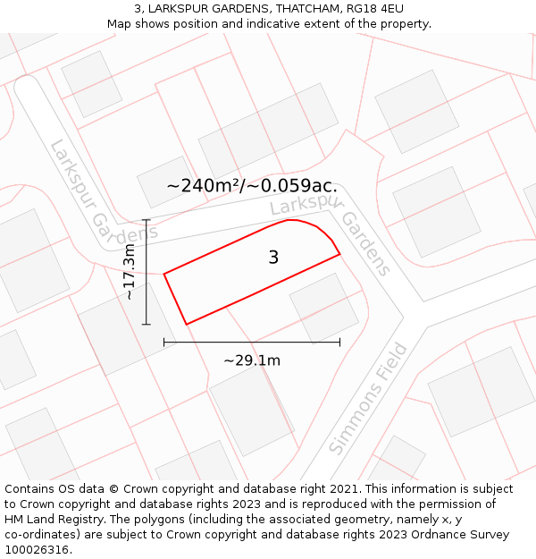 3, LARKSPUR GARDENS, THATCHAM, RG18 4EU: Plot and title map
