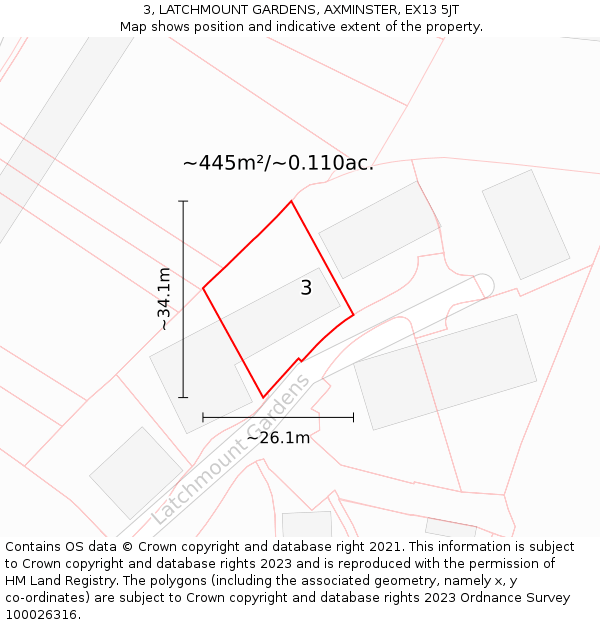 3, LATCHMOUNT GARDENS, AXMINSTER, EX13 5JT: Plot and title map