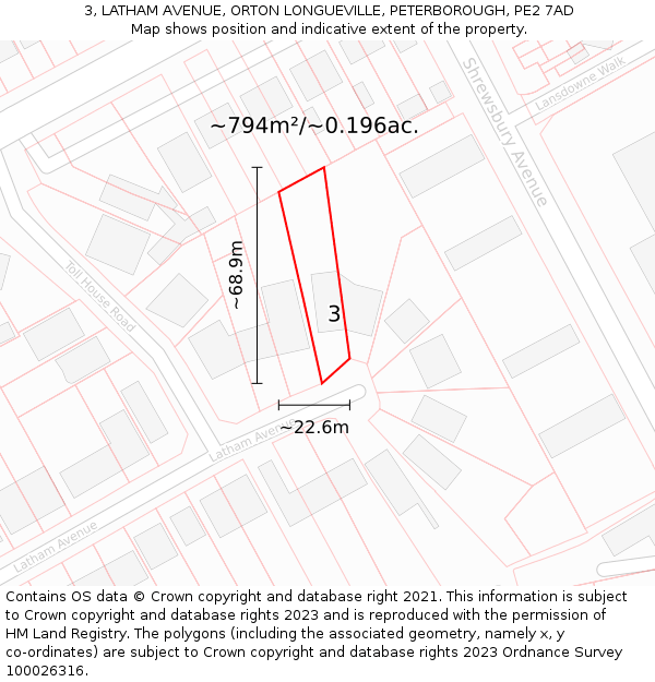 3, LATHAM AVENUE, ORTON LONGUEVILLE, PETERBOROUGH, PE2 7AD: Plot and title map