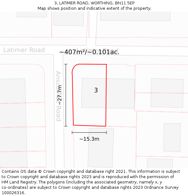 3, LATIMER ROAD, WORTHING, BN11 5EP: Plot and title map