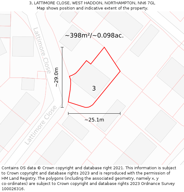 3, LATTIMORE CLOSE, WEST HADDON, NORTHAMPTON, NN6 7GL: Plot and title map