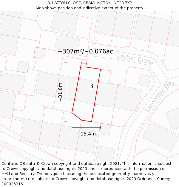 3, LATTON CLOSE, CRAMLINGTON, NE23 7XP: Plot and title map