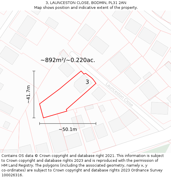 3, LAUNCESTON CLOSE, BODMIN, PL31 2AN: Plot and title map
