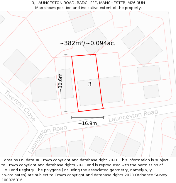 3, LAUNCESTON ROAD, RADCLIFFE, MANCHESTER, M26 3UN: Plot and title map