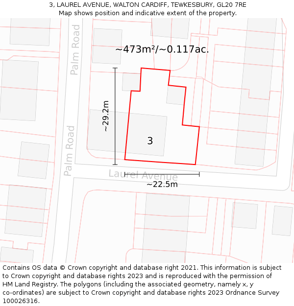 3, LAUREL AVENUE, WALTON CARDIFF, TEWKESBURY, GL20 7RE: Plot and title map
