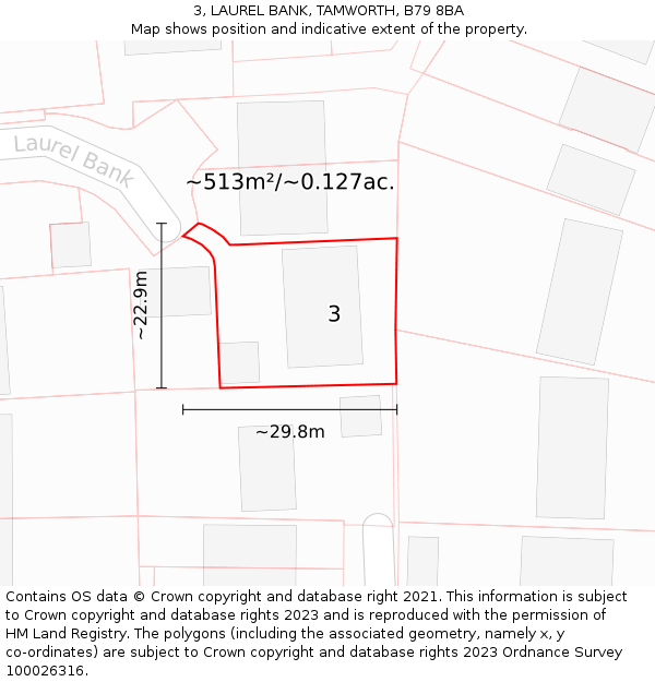 3, LAUREL BANK, TAMWORTH, B79 8BA: Plot and title map