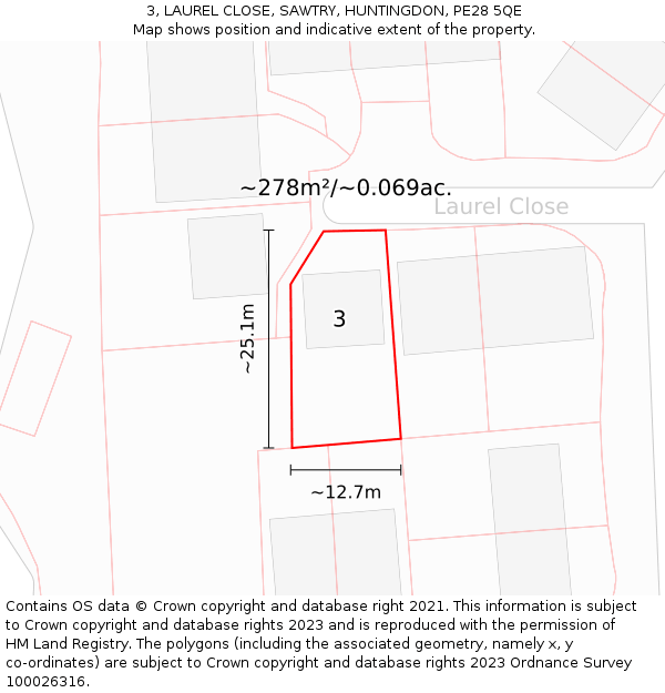 3, LAUREL CLOSE, SAWTRY, HUNTINGDON, PE28 5QE: Plot and title map