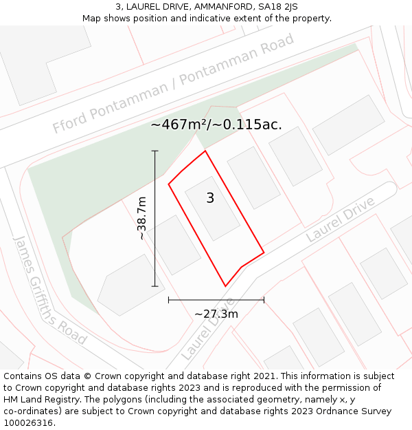 3, LAUREL DRIVE, AMMANFORD, SA18 2JS: Plot and title map