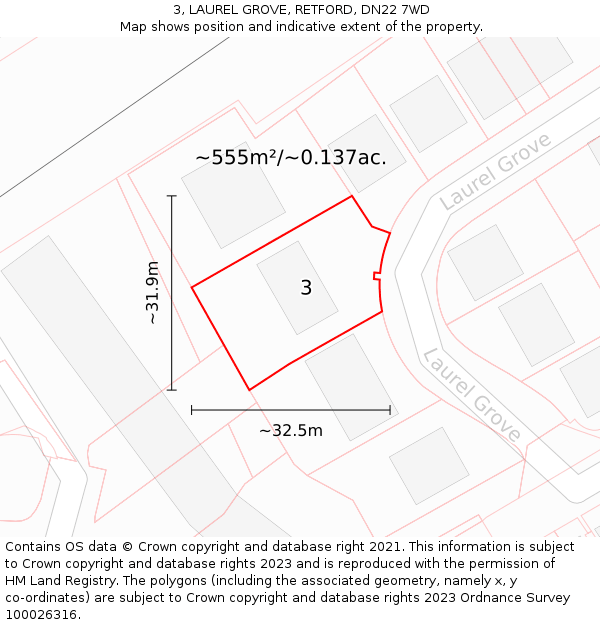 3, LAUREL GROVE, RETFORD, DN22 7WD: Plot and title map