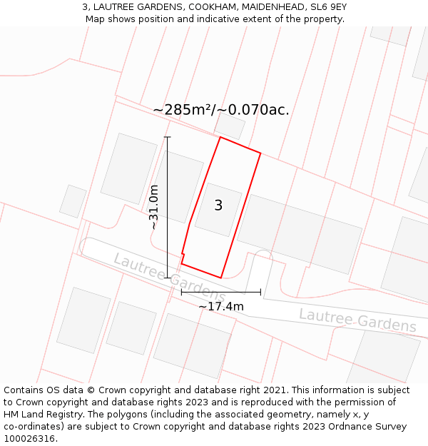 3, LAUTREE GARDENS, COOKHAM, MAIDENHEAD, SL6 9EY: Plot and title map