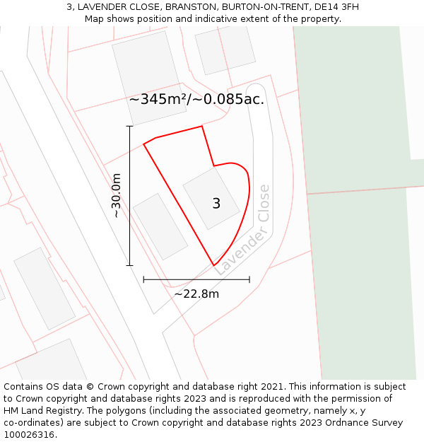 3, LAVENDER CLOSE, BRANSTON, BURTON-ON-TRENT, DE14 3FH: Plot and title map