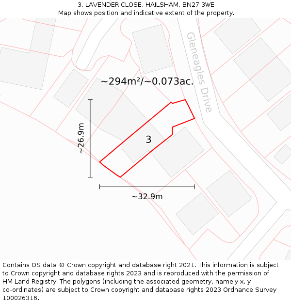 3, LAVENDER CLOSE, HAILSHAM, BN27 3WE: Plot and title map