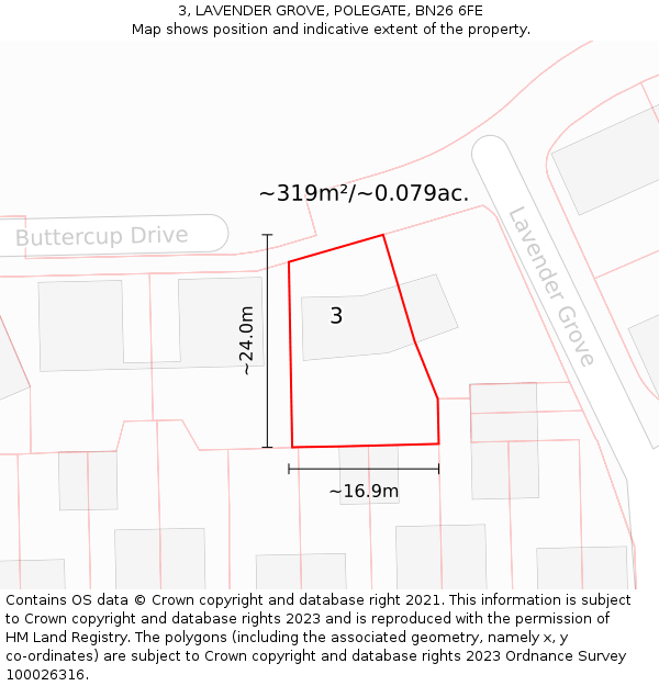 3, LAVENDER GROVE, POLEGATE, BN26 6FE: Plot and title map