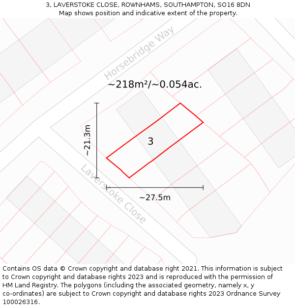 3, LAVERSTOKE CLOSE, ROWNHAMS, SOUTHAMPTON, SO16 8DN: Plot and title map
