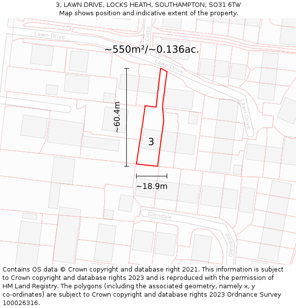 3, LAWN DRIVE, LOCKS HEATH, SOUTHAMPTON, SO31 6TW: Plot and title map