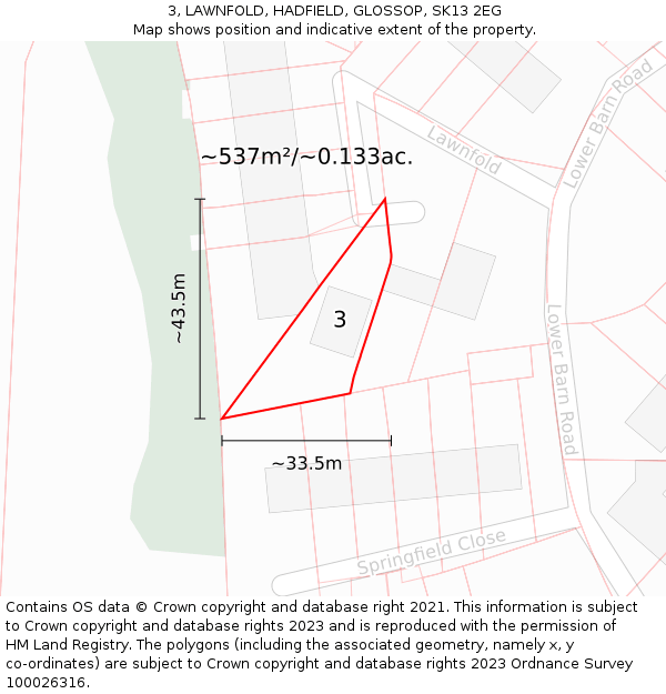 3, LAWNFOLD, HADFIELD, GLOSSOP, SK13 2EG: Plot and title map