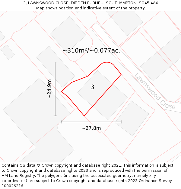 3, LAWNSWOOD CLOSE, DIBDEN PURLIEU, SOUTHAMPTON, SO45 4AX: Plot and title map
