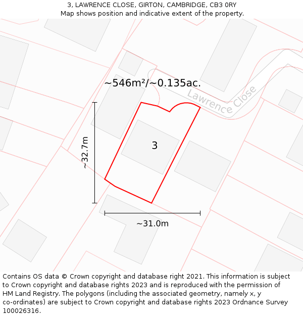 3, LAWRENCE CLOSE, GIRTON, CAMBRIDGE, CB3 0RY: Plot and title map