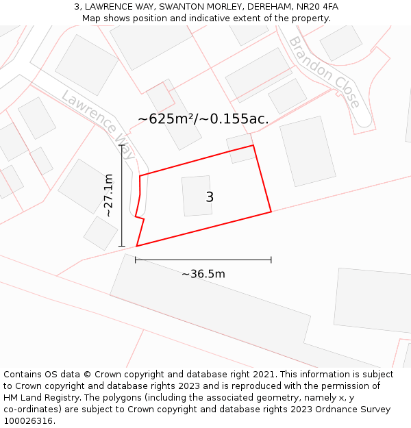 3, LAWRENCE WAY, SWANTON MORLEY, DEREHAM, NR20 4FA: Plot and title map