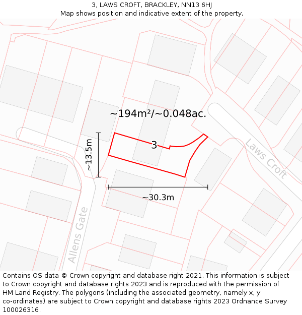 3, LAWS CROFT, BRACKLEY, NN13 6HJ: Plot and title map