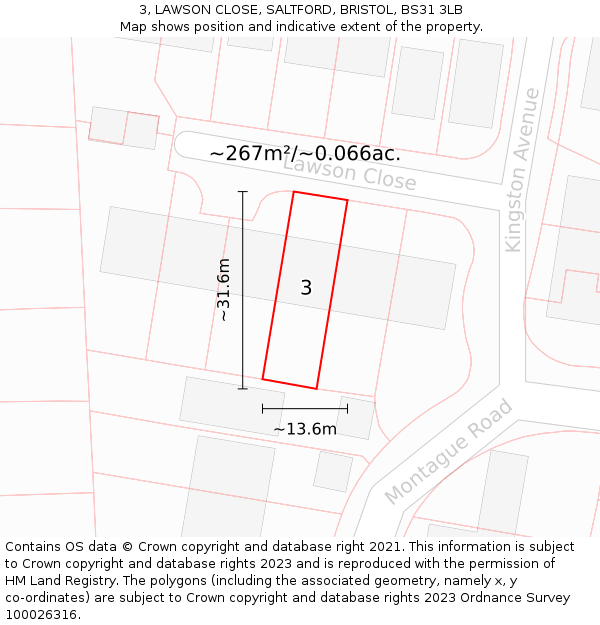 3, LAWSON CLOSE, SALTFORD, BRISTOL, BS31 3LB: Plot and title map