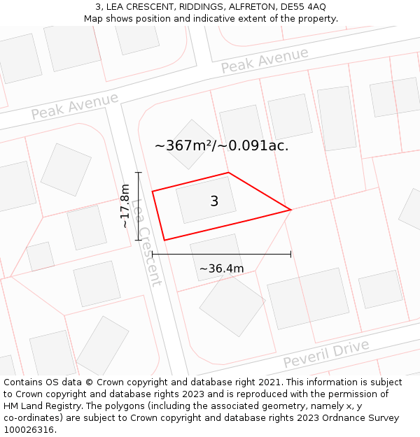 3, LEA CRESCENT, RIDDINGS, ALFRETON, DE55 4AQ: Plot and title map