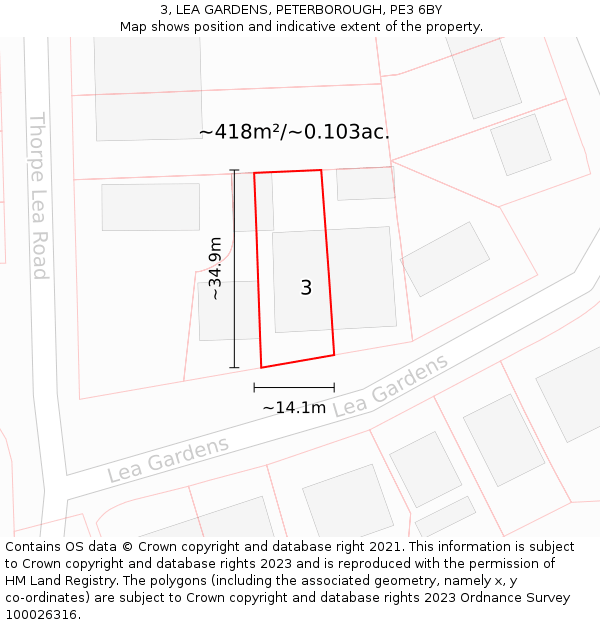 3, LEA GARDENS, PETERBOROUGH, PE3 6BY: Plot and title map