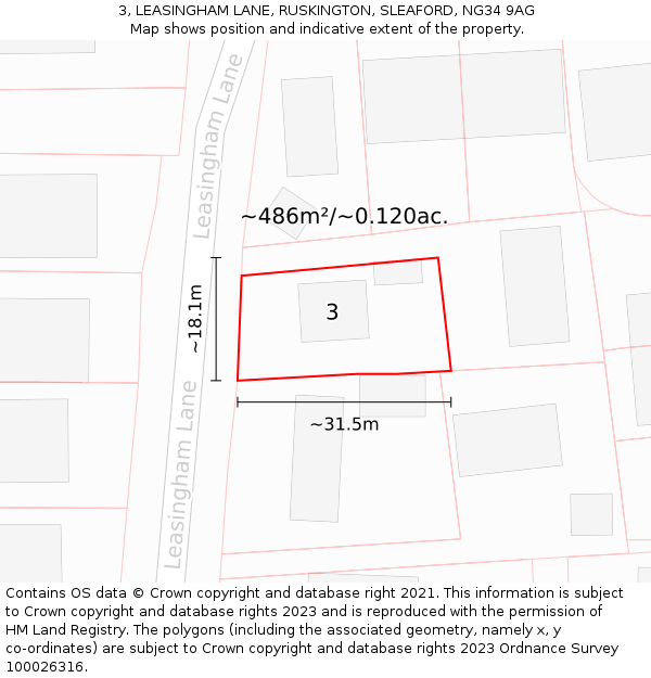 3, LEASINGHAM LANE, RUSKINGTON, SLEAFORD, NG34 9AG: Plot and title map