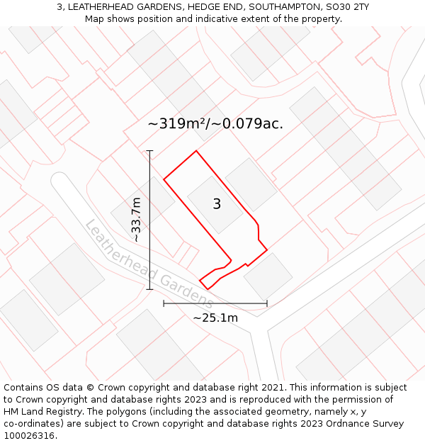 3, LEATHERHEAD GARDENS, HEDGE END, SOUTHAMPTON, SO30 2TY: Plot and title map
