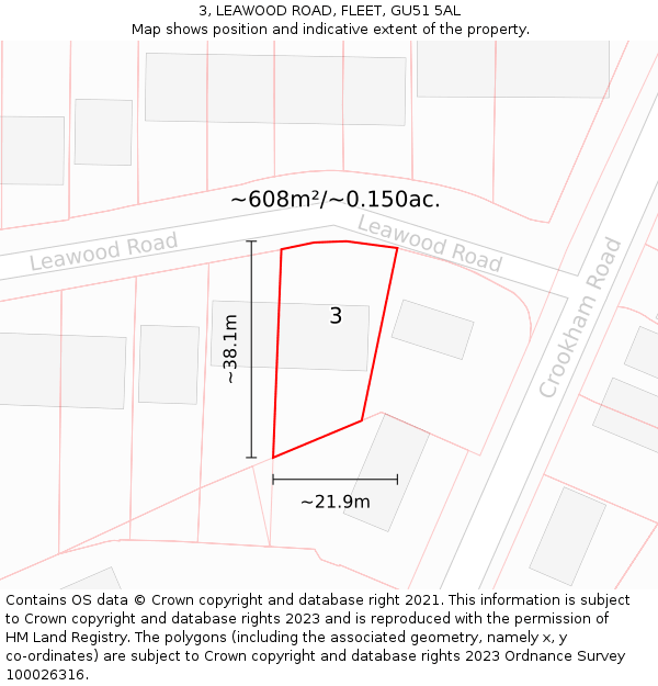 3, LEAWOOD ROAD, FLEET, GU51 5AL: Plot and title map