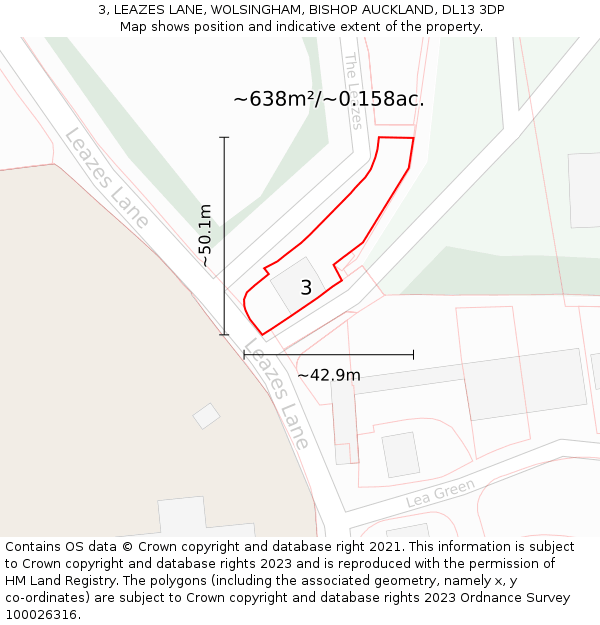 3, LEAZES LANE, WOLSINGHAM, BISHOP AUCKLAND, DL13 3DP: Plot and title map