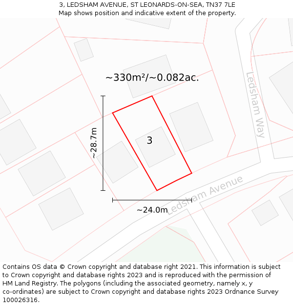 3, LEDSHAM AVENUE, ST LEONARDS-ON-SEA, TN37 7LE: Plot and title map