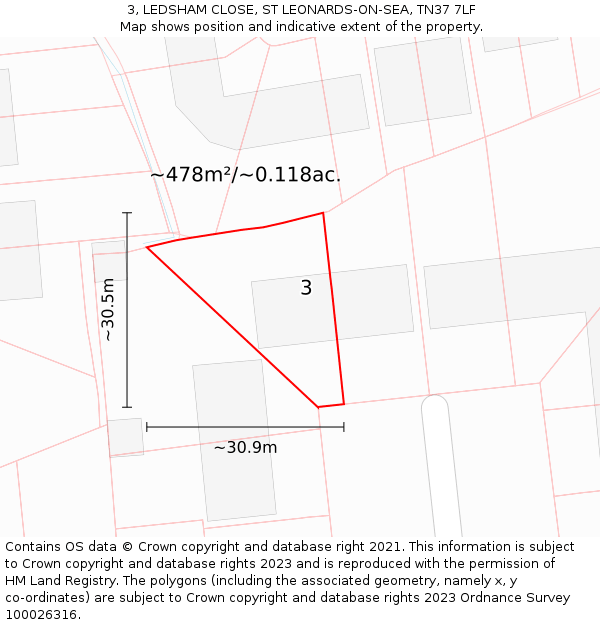 3, LEDSHAM CLOSE, ST LEONARDS-ON-SEA, TN37 7LF: Plot and title map