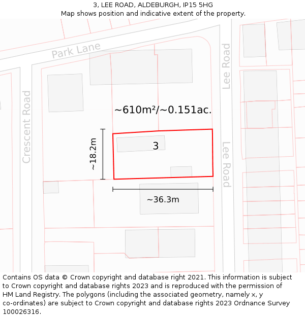 3, LEE ROAD, ALDEBURGH, IP15 5HG: Plot and title map