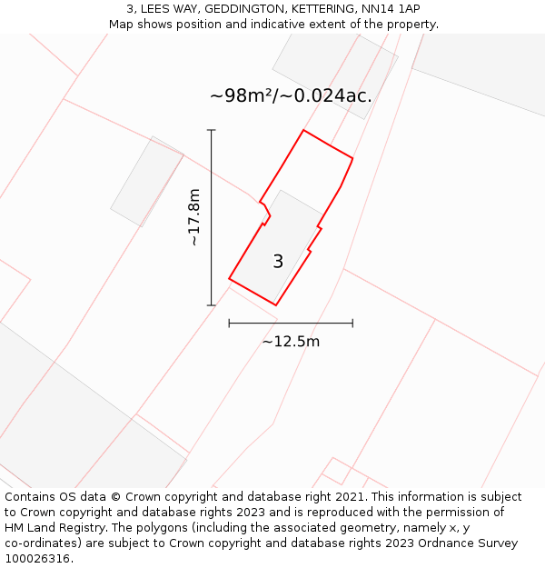 3, LEES WAY, GEDDINGTON, KETTERING, NN14 1AP: Plot and title map