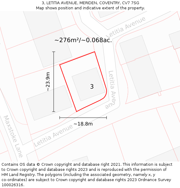 3, LETITIA AVENUE, MERIDEN, COVENTRY, CV7 7SG: Plot and title map