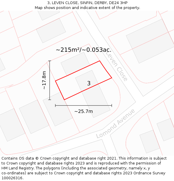 3, LEVEN CLOSE, SINFIN, DERBY, DE24 3HP: Plot and title map
