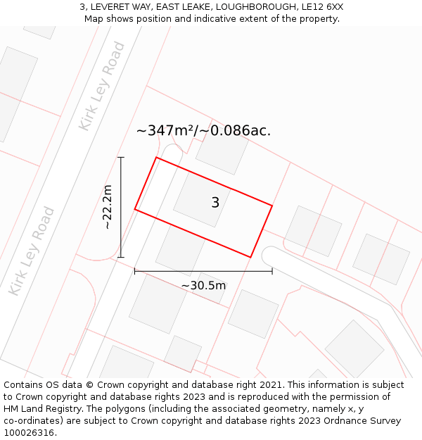 3, LEVERET WAY, EAST LEAKE, LOUGHBOROUGH, LE12 6XX: Plot and title map