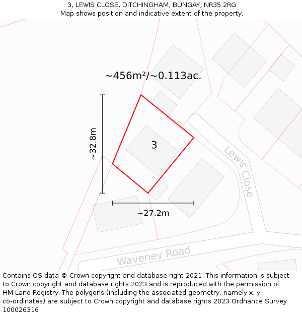 3, LEWIS CLOSE, DITCHINGHAM, BUNGAY, NR35 2RG: Plot and title map