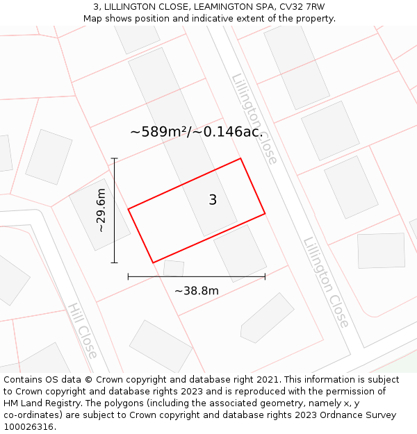 3, LILLINGTON CLOSE, LEAMINGTON SPA, CV32 7RW: Plot and title map
