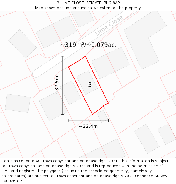 3, LIME CLOSE, REIGATE, RH2 8AP: Plot and title map