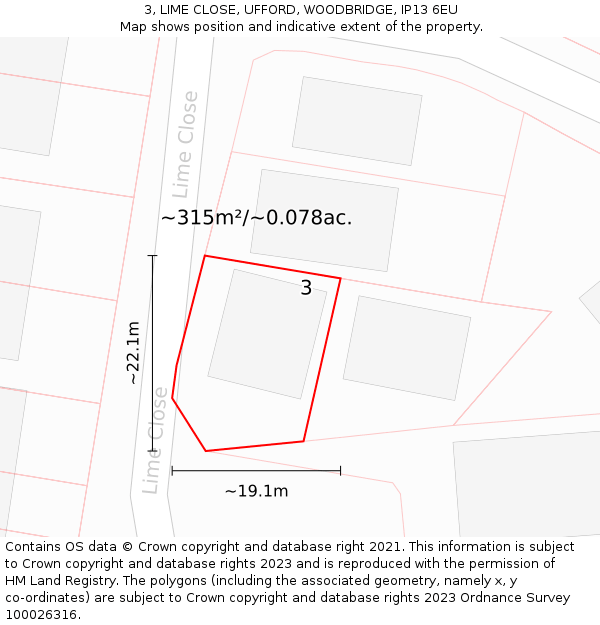 3, LIME CLOSE, UFFORD, WOODBRIDGE, IP13 6EU: Plot and title map