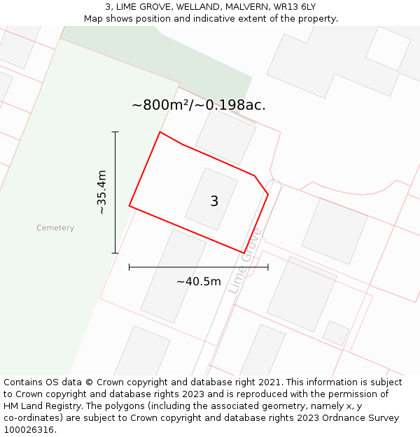 3, LIME GROVE, WELLAND, MALVERN, WR13 6LY: Plot and title map