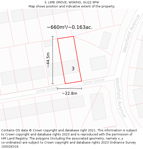 3, LIME GROVE, WOKING, GU22 9PW: Plot and title map