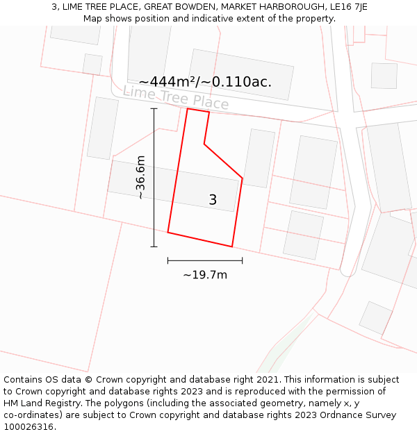 3, LIME TREE PLACE, GREAT BOWDEN, MARKET HARBOROUGH, LE16 7JE: Plot and title map