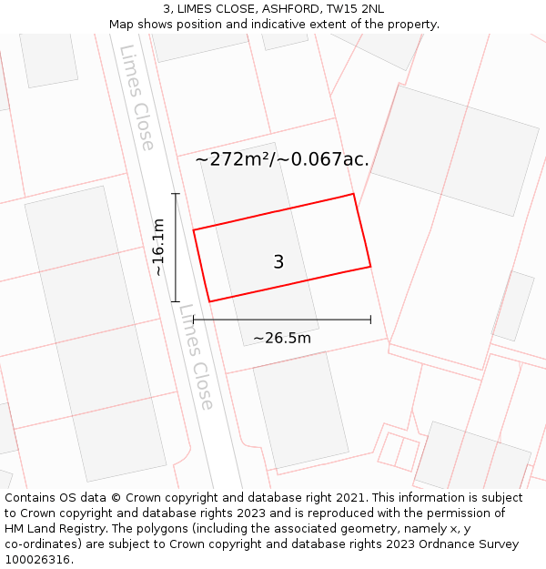 3, LIMES CLOSE, ASHFORD, TW15 2NL: Plot and title map