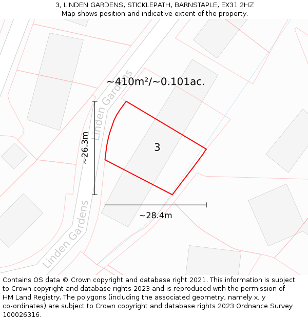 3, LINDEN GARDENS, STICKLEPATH, BARNSTAPLE, EX31 2HZ: Plot and title map