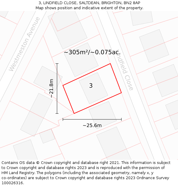 3, LINDFIELD CLOSE, SALTDEAN, BRIGHTON, BN2 8AP: Plot and title map