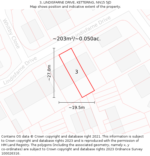 3, LINDISFARNE DRIVE, KETTERING, NN15 5JD: Plot and title map